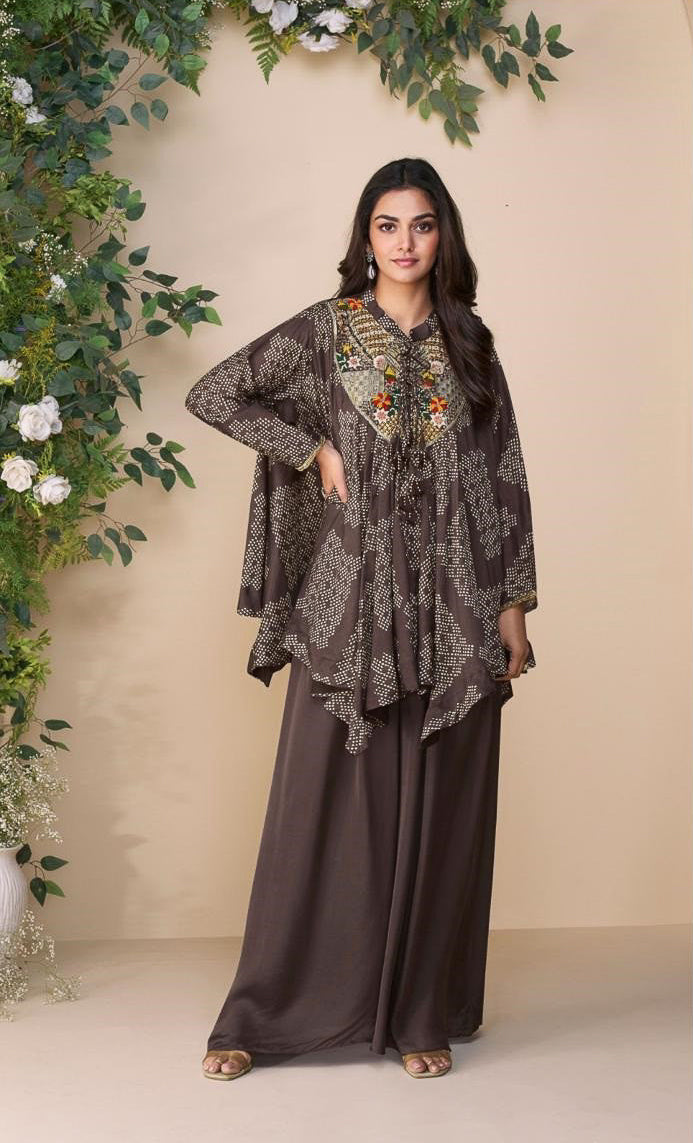 EMBROIDERED TOP WITH HAND EMBELLISHED WORK PONCHO STYLE  WITH PLAZZO