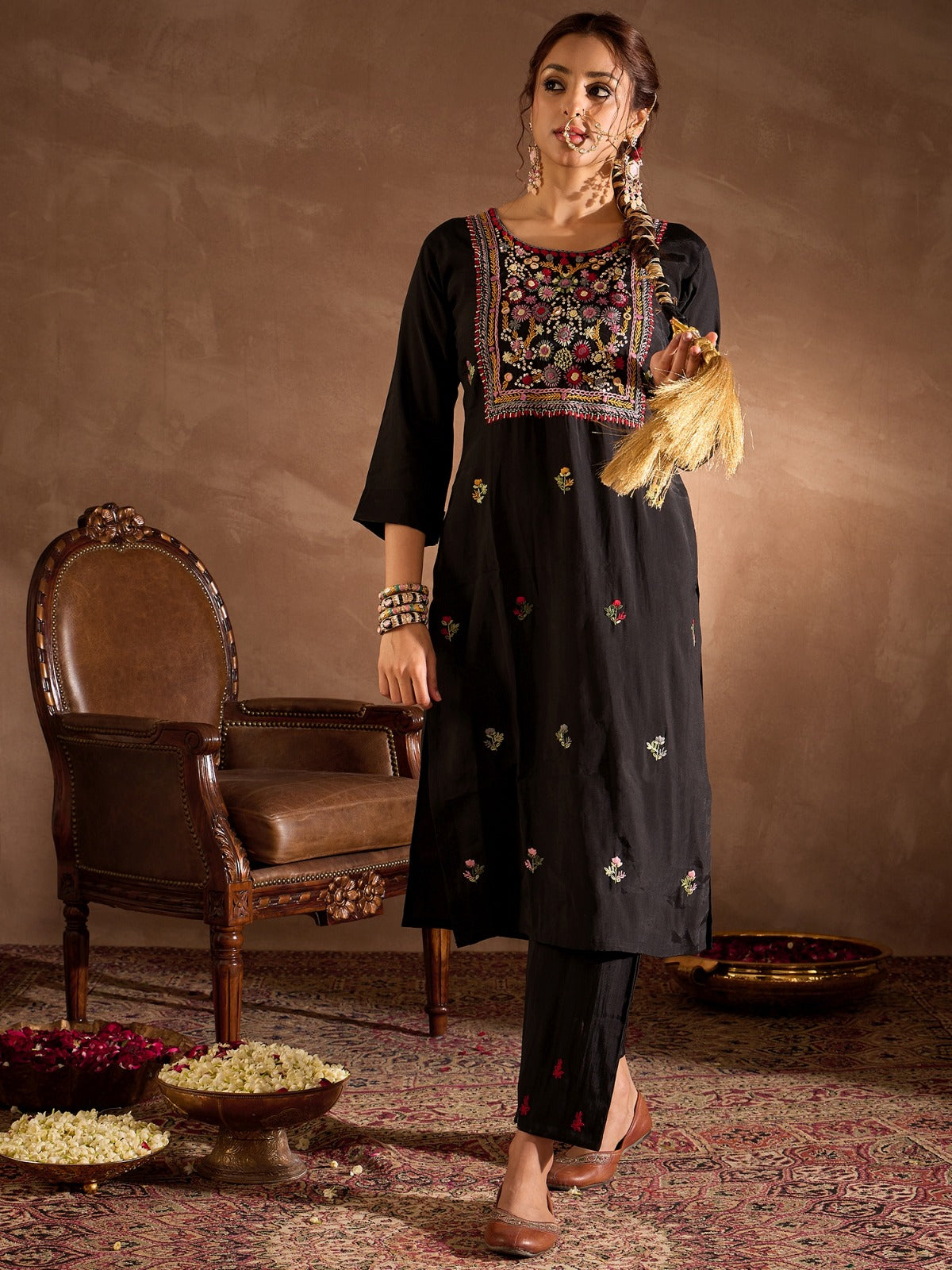 Black Embroidered Straight Kurta Trousers With Dupatta Set