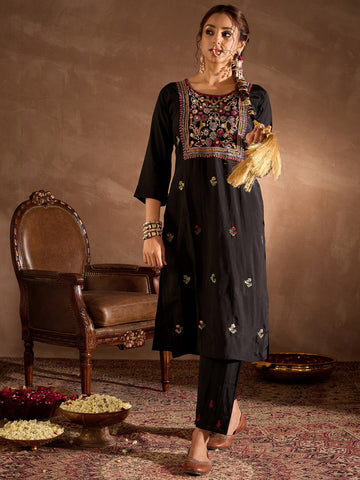 Black Embroidered Straight Kurta Trousers With Dupatta Set