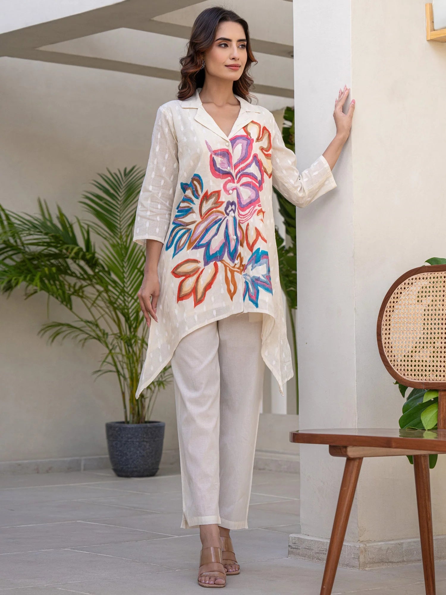 Off White Printed A-Line Kurta Trousers Set