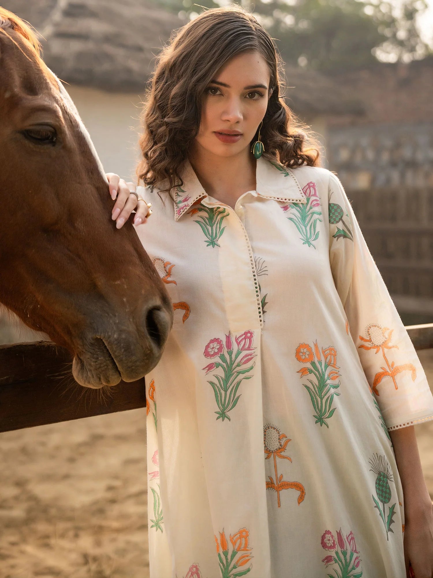 Off White Printed A-Line Kurta Trousers Set