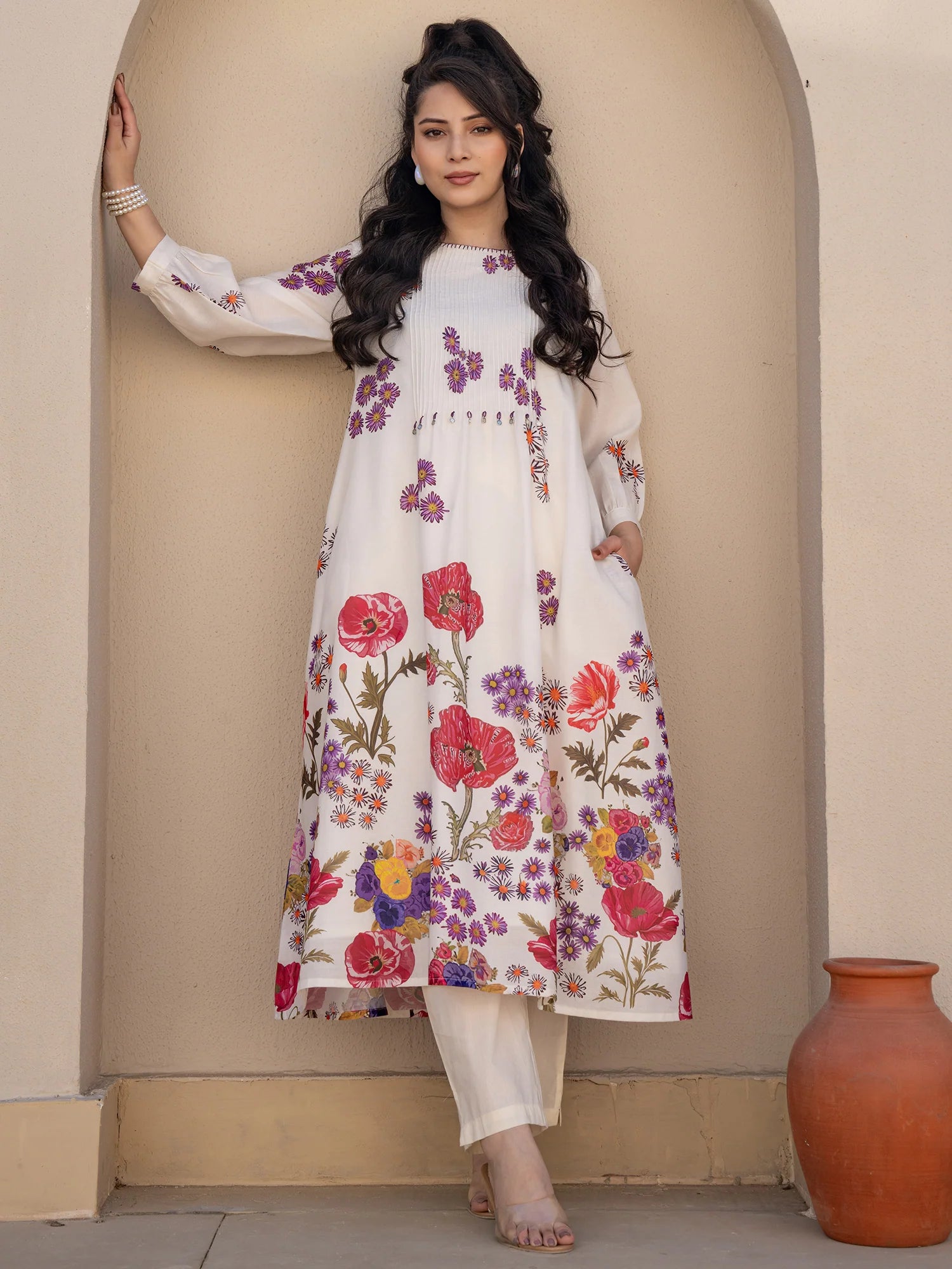 Off White Printed A Line Kurta Trouser set