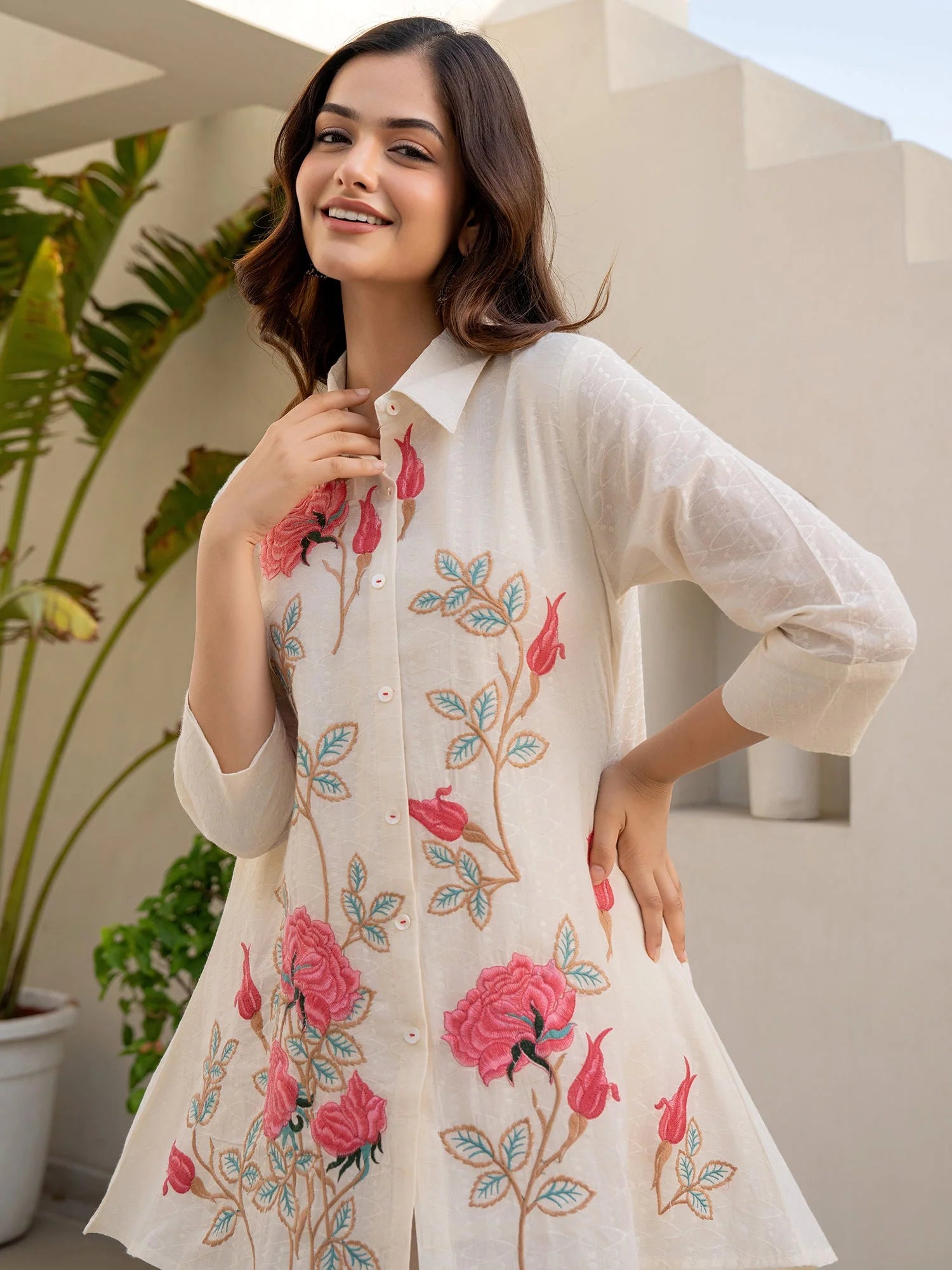 Off White Embroidered A Line Short Kurti Pant set