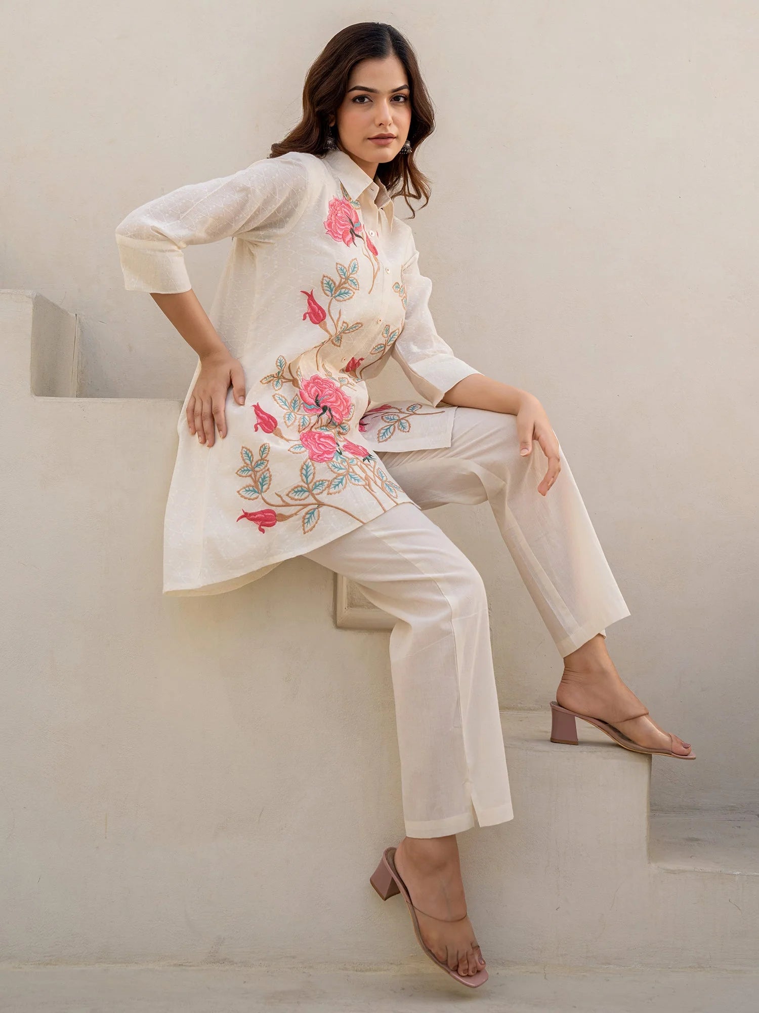 Off White Embroidered A Line Short Kurti Pant set