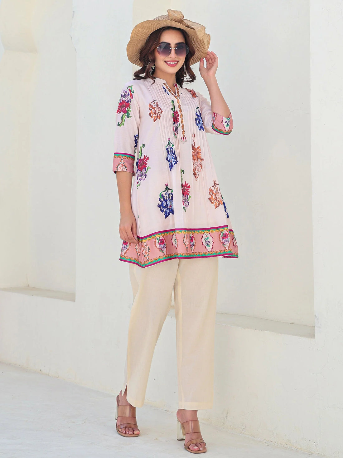 Peach Printed A Line Kurta Trouser set