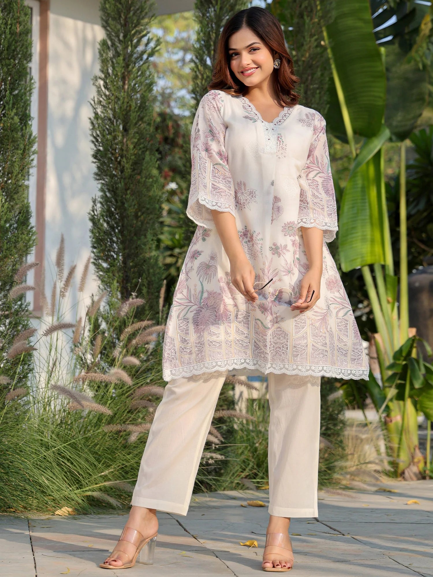 White Printed A-Line Pure Cotton kurta pant set