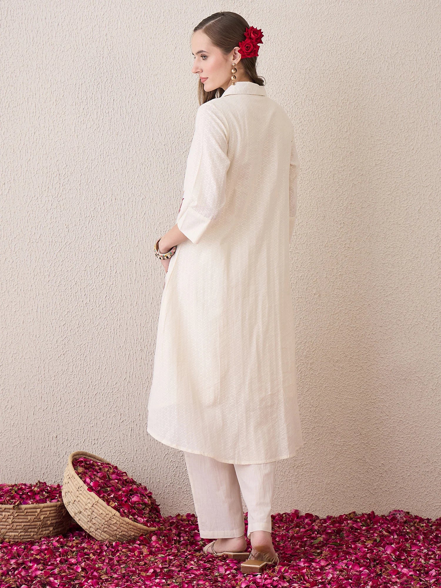 Off White Embroidered A-Line Kurta Trousers Set