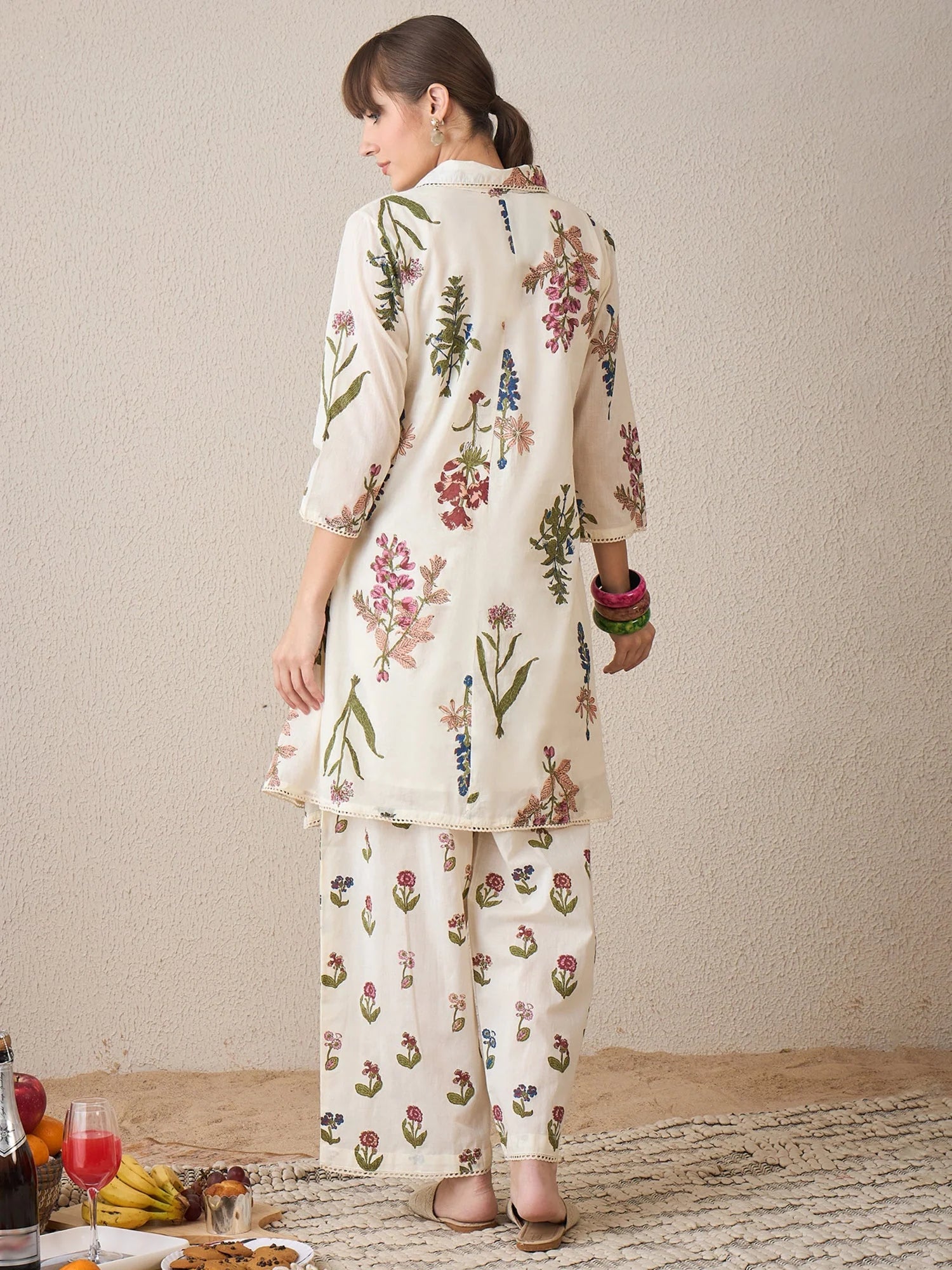 Off White Printed A-Line Kurta Palazzos Set
