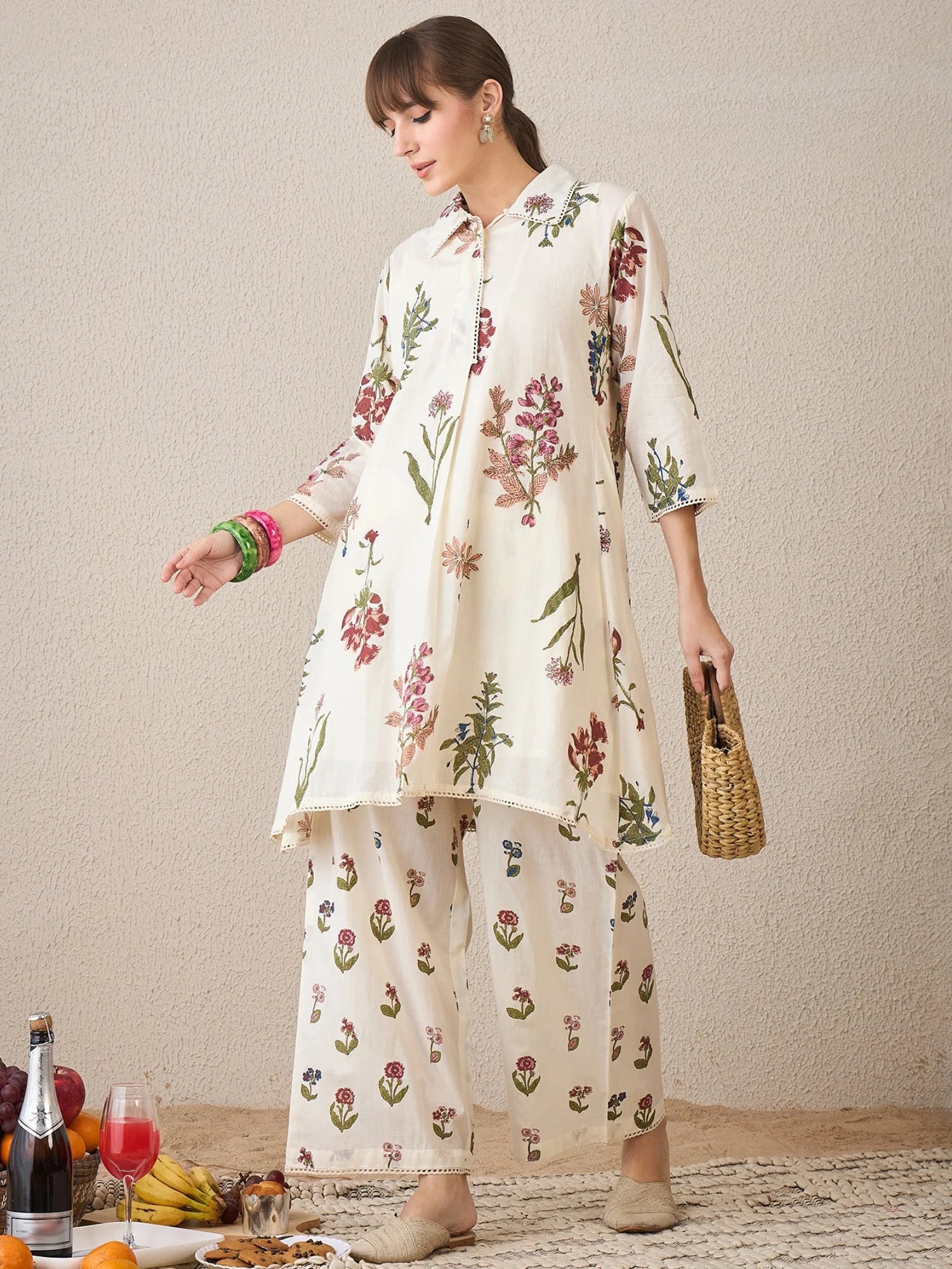 Off White Printed A-Line Kurta Palazzos Set
