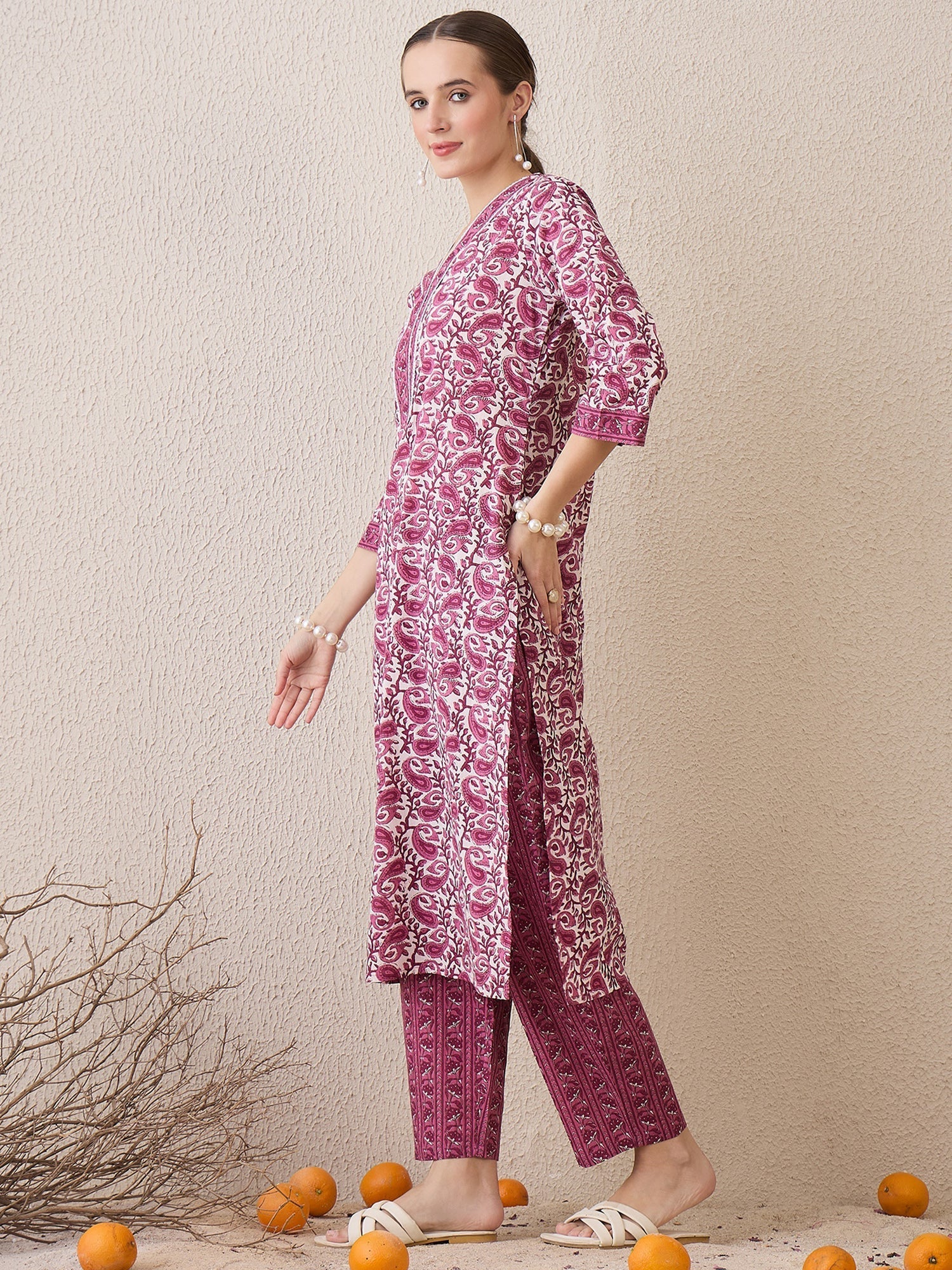 Purple Printed Straight Kurta Trousers Set