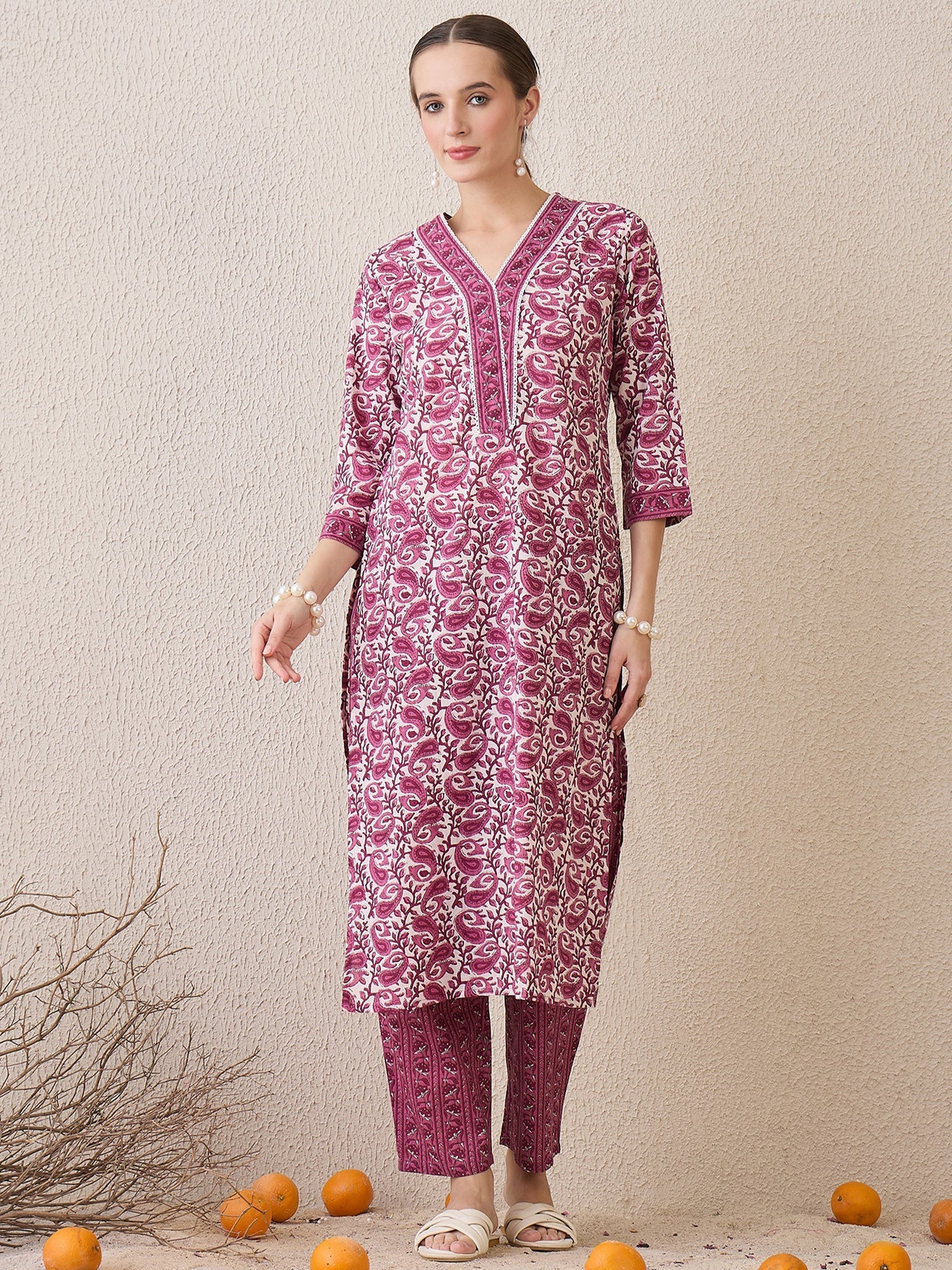 Purple Printed Straight Kurta Trousers Set