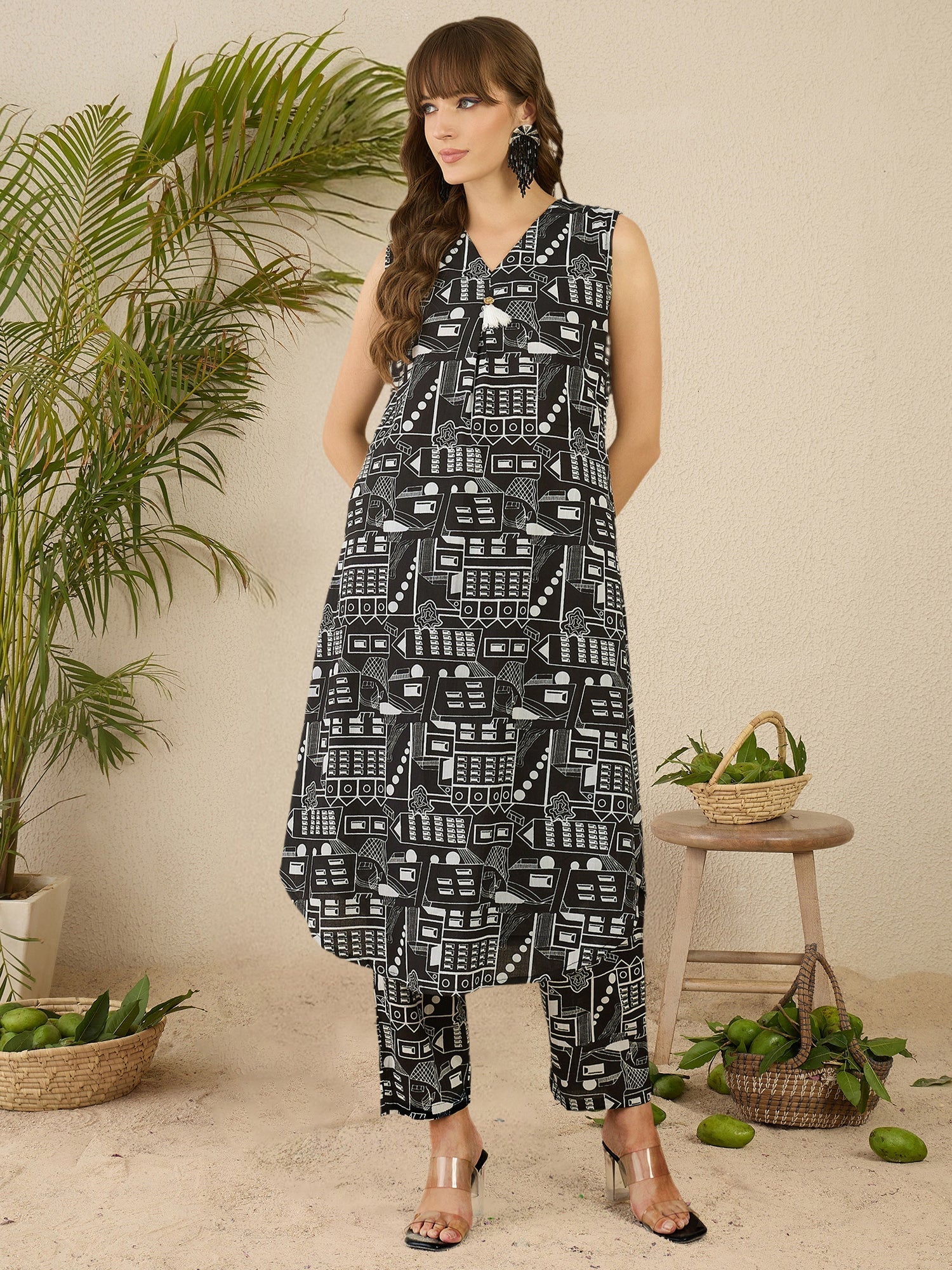 Black Printed A Line Kurta Trouser Set