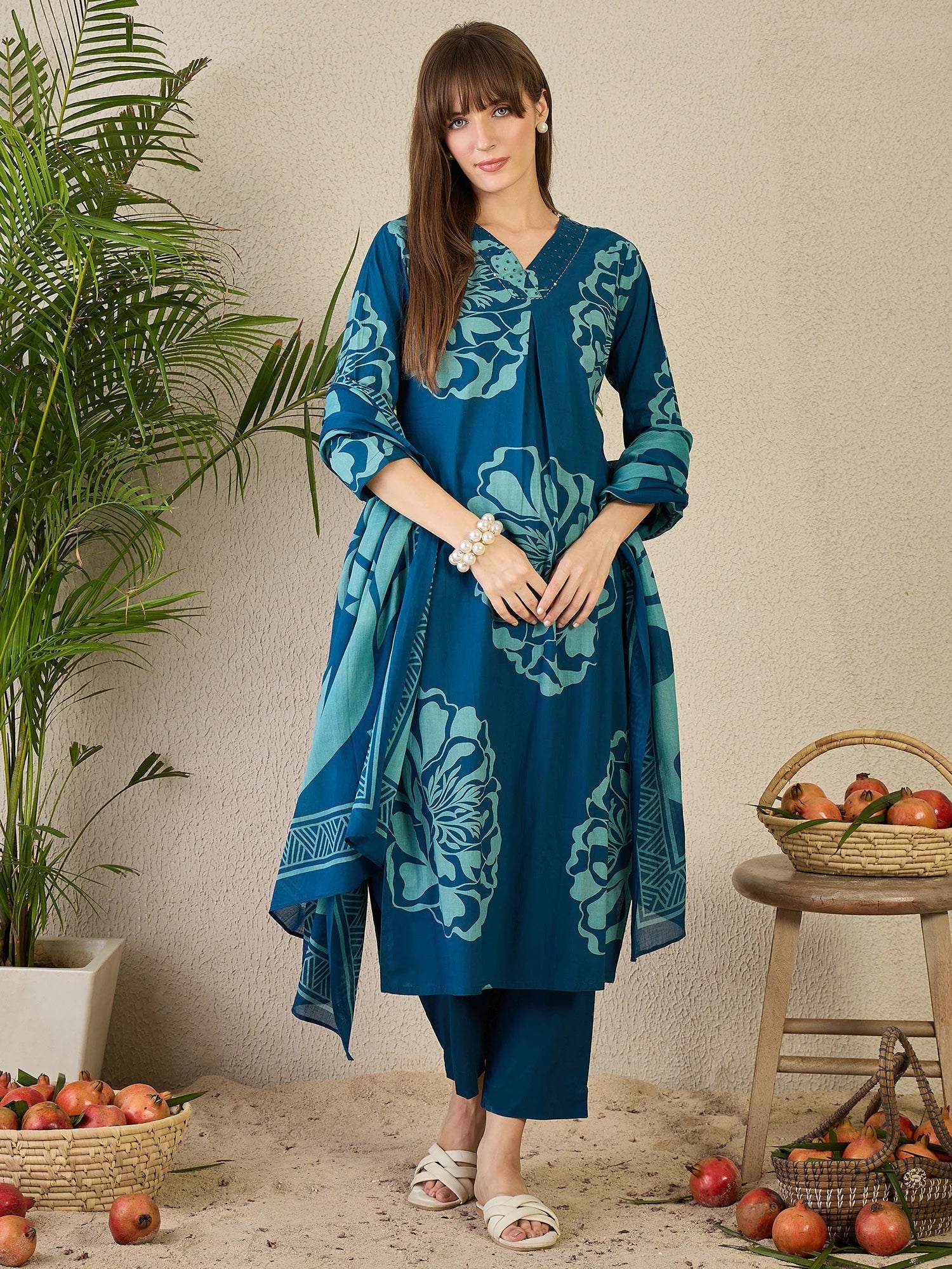 Blue Printed Pure Cotton Straight Kurta Sets With Dupatta