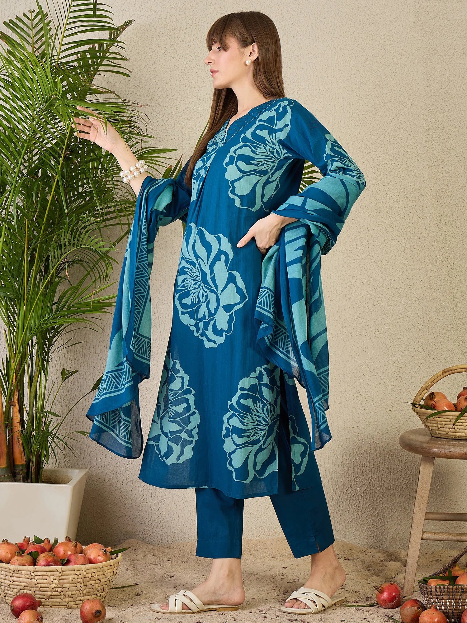 Blue Printed Pure Cotton Straight Kurta Sets With Dupatta