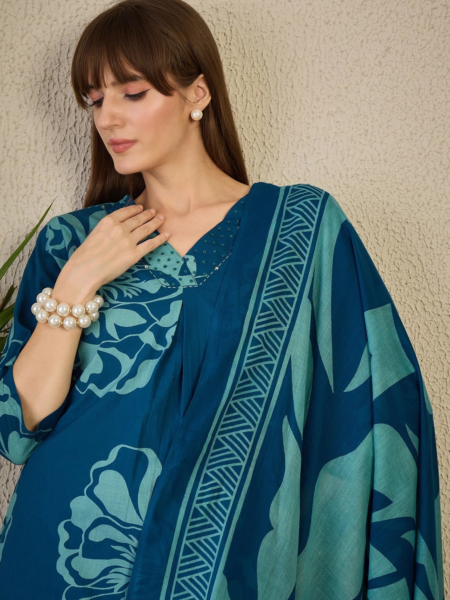 Blue Printed Pure Cotton Straight Kurta Sets With Dupatta