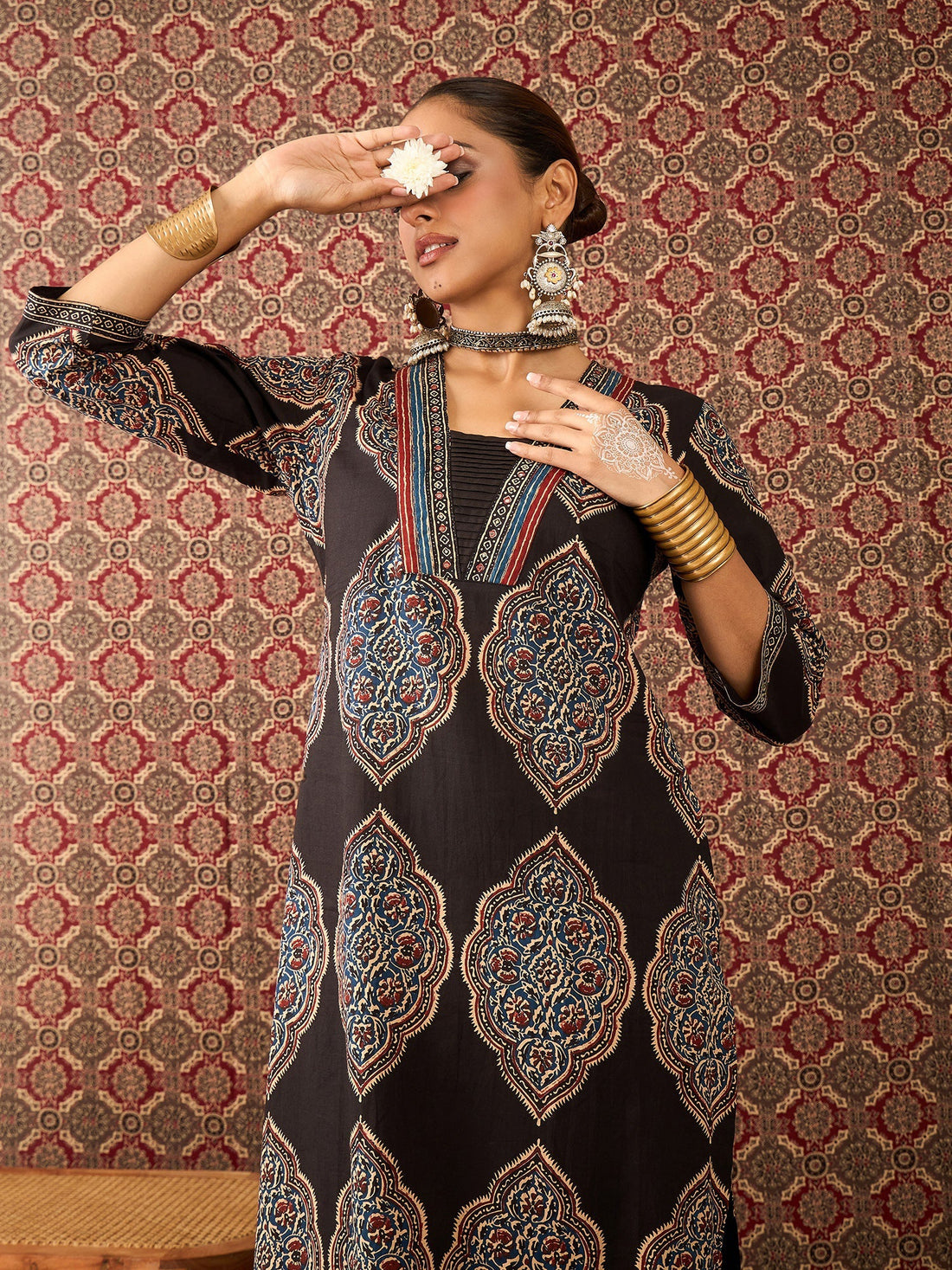 Black Printed Pure Cotton Straight Kurta Trouser Set