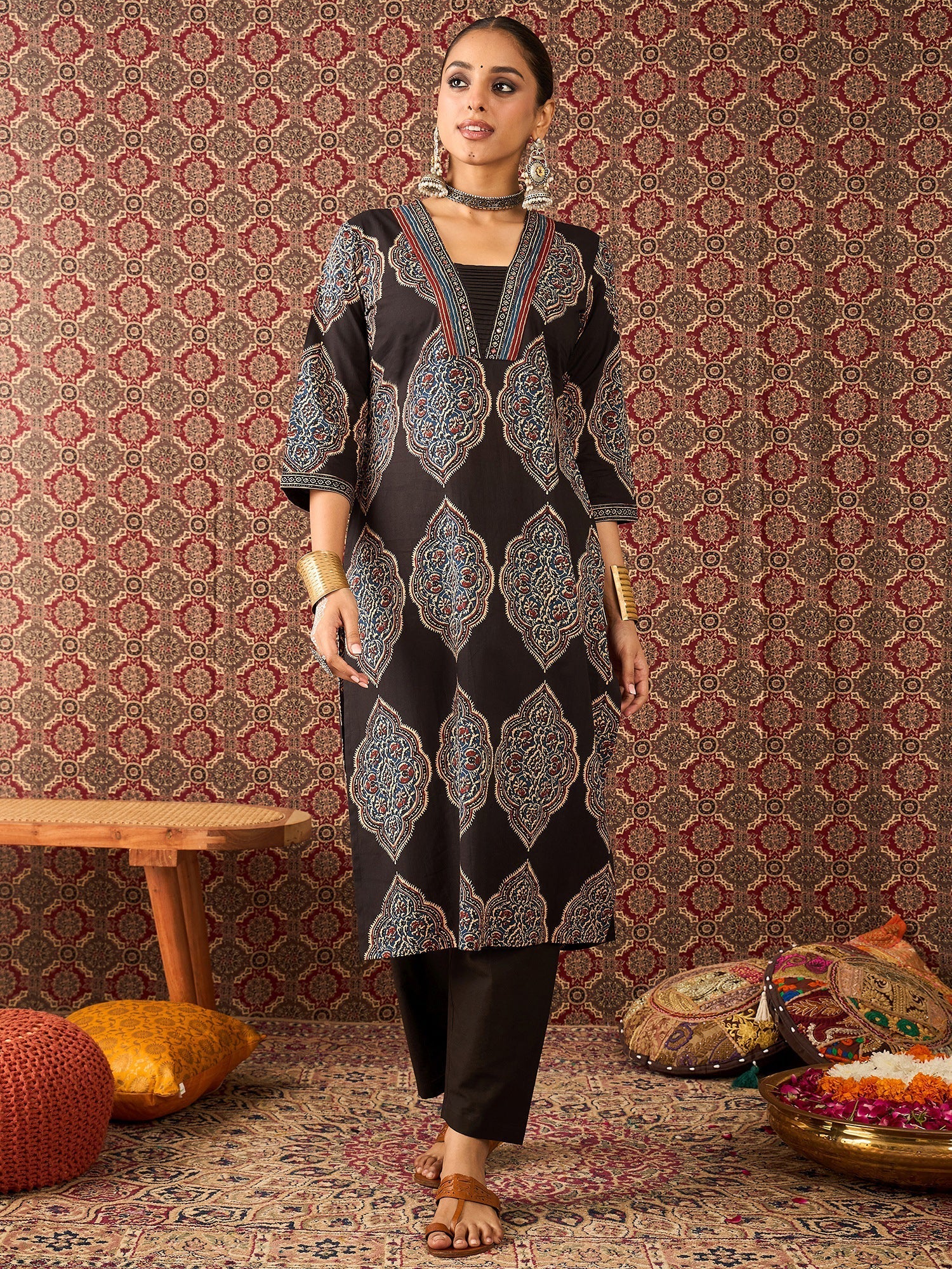 Black Printed Pure Cotton Straight Kurta Trouser Set