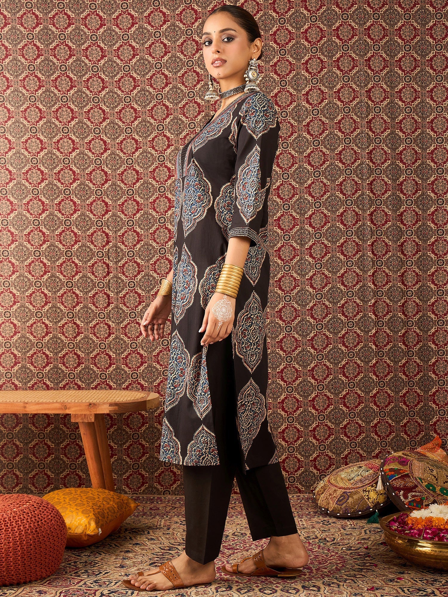 Black Printed Pure Cotton Straight Kurta Trouser Set