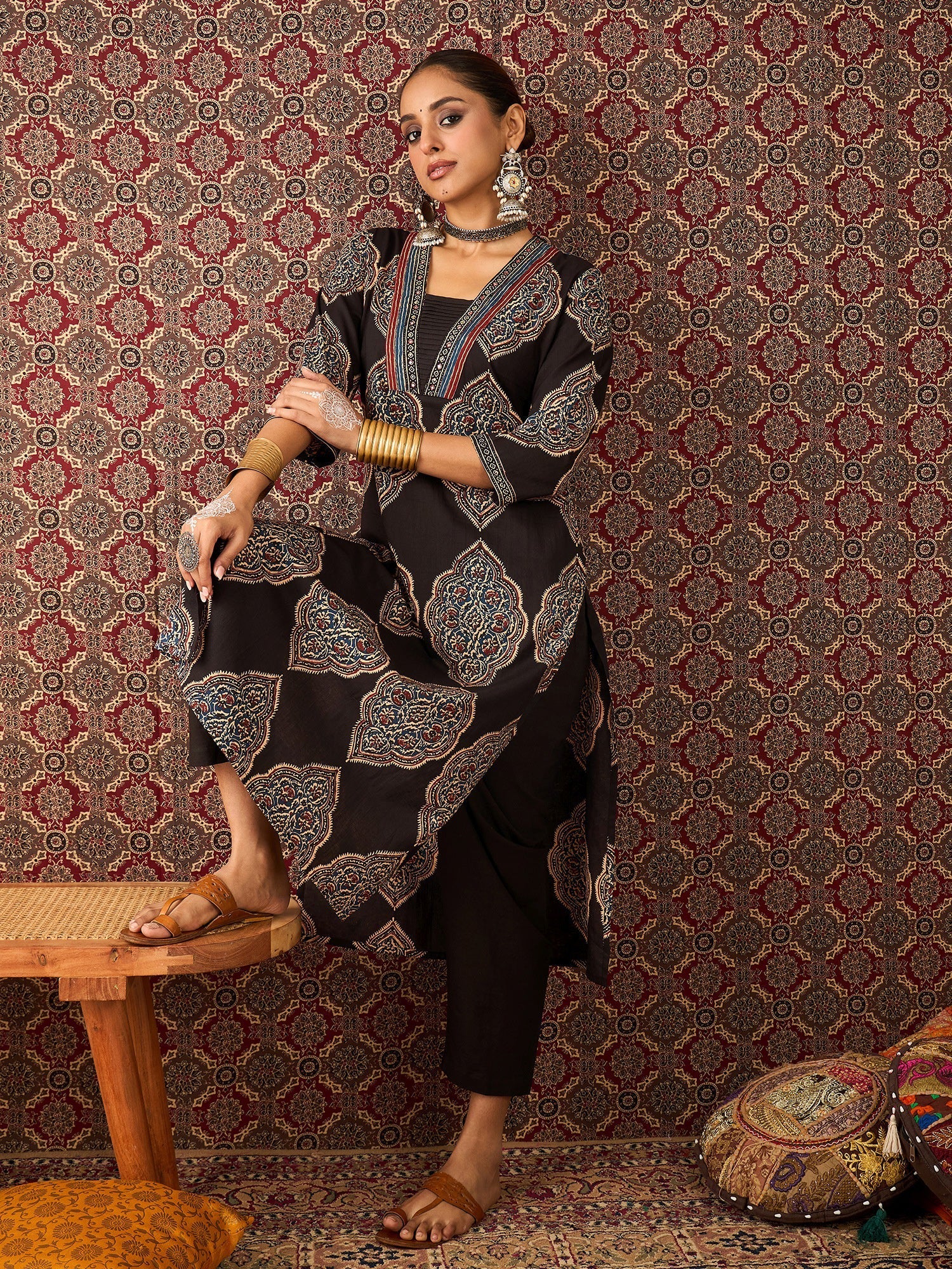 Black Printed Pure Cotton Straight Kurta Trouser Set