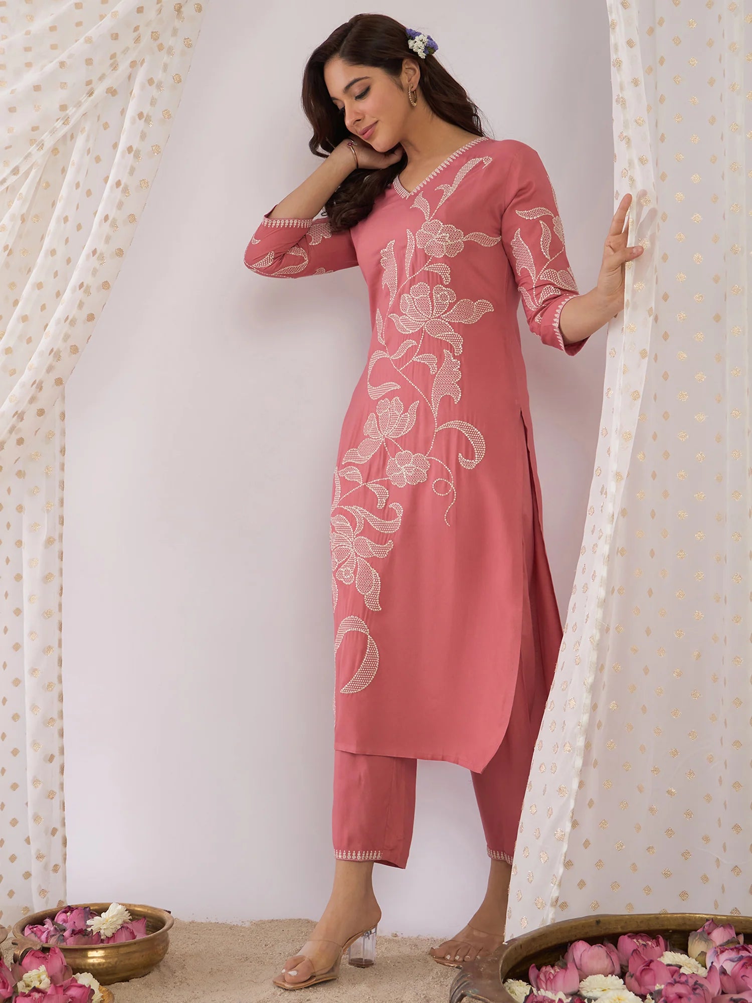 Mauve Embroidered Straight Kurta Trousers Set