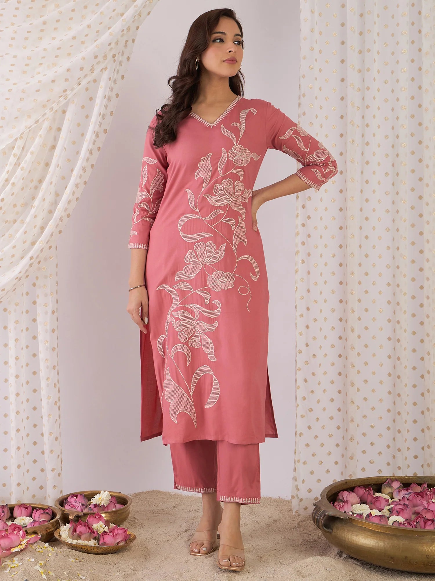 Mauve Embroidered Straight Kurta Trousers Set