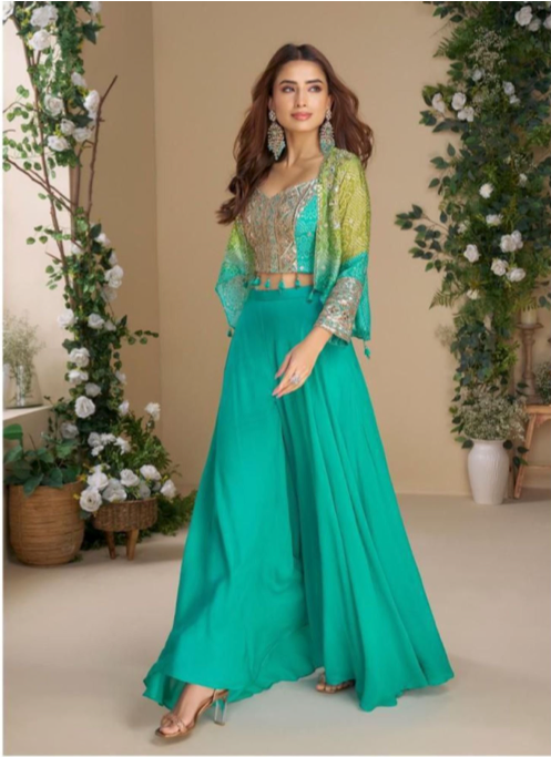 Heavy Embroidered Chinon Silk Readymade Sarara Suit