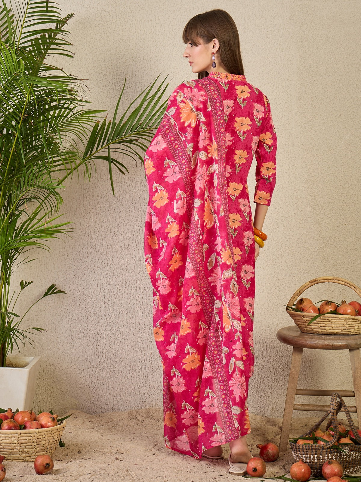 Pink Printed Pure Cotton A-Line Kurta Sets With Dupatta