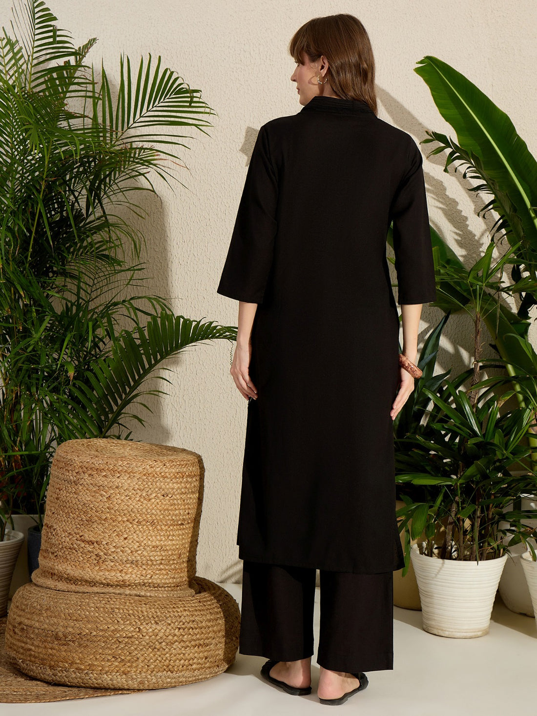 Black Embroidered Pure Cotton Straight Kurta Palazzo Set