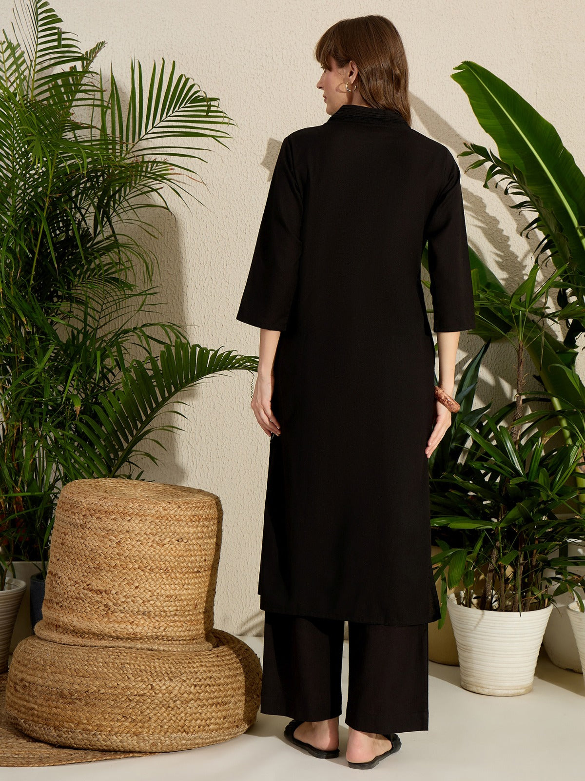 Black Embroidered Pure Cotton Straight Kurta Palazzo Set