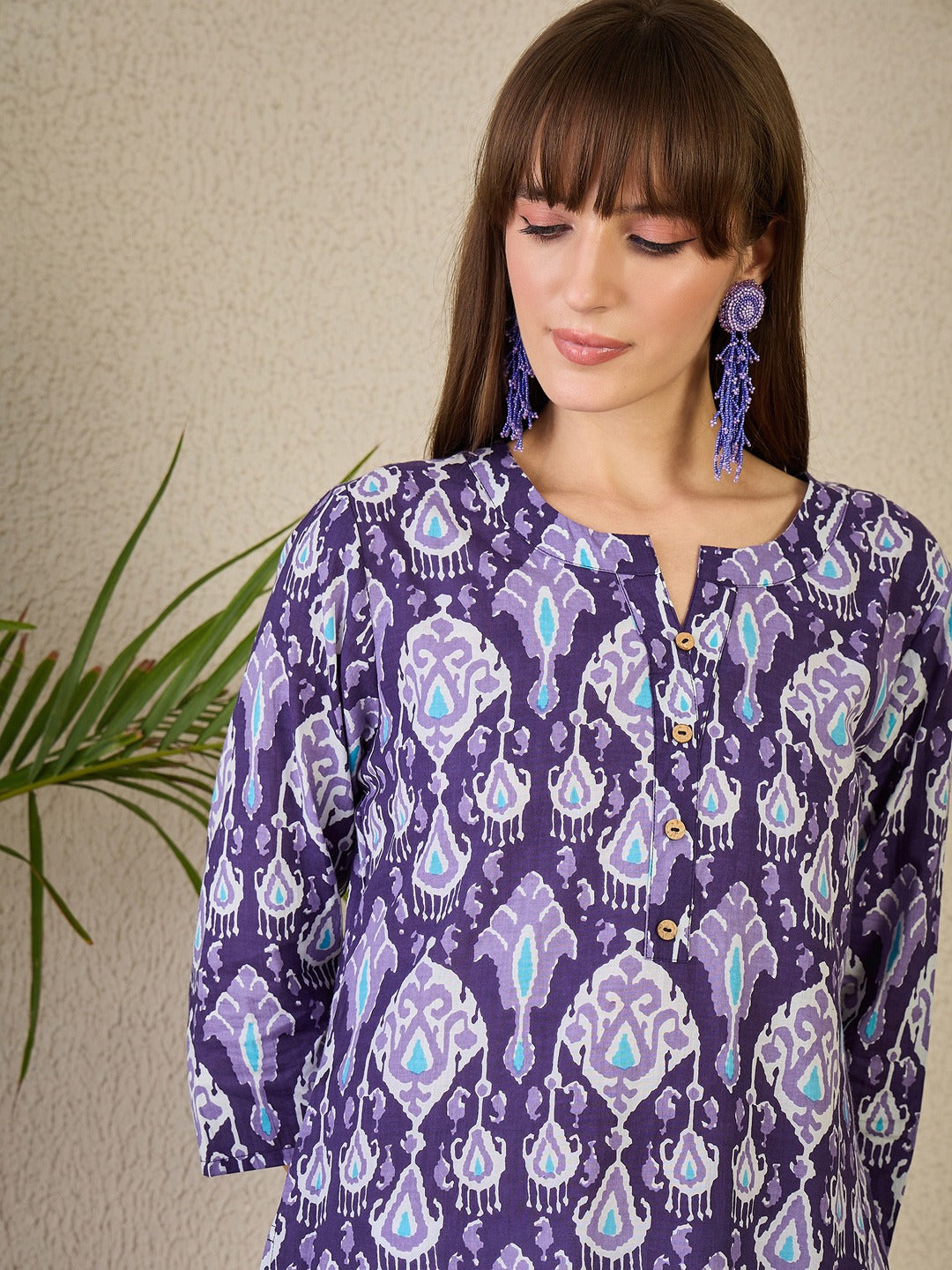 Purple Printed Cotton Straight Geometric Kurtas