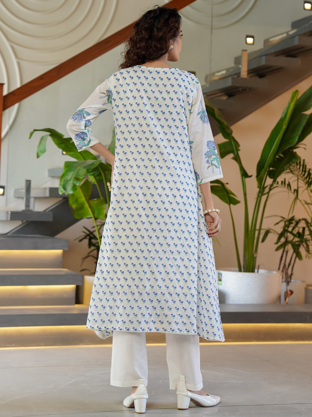 White Printed A-Line Kurta Trousers Set