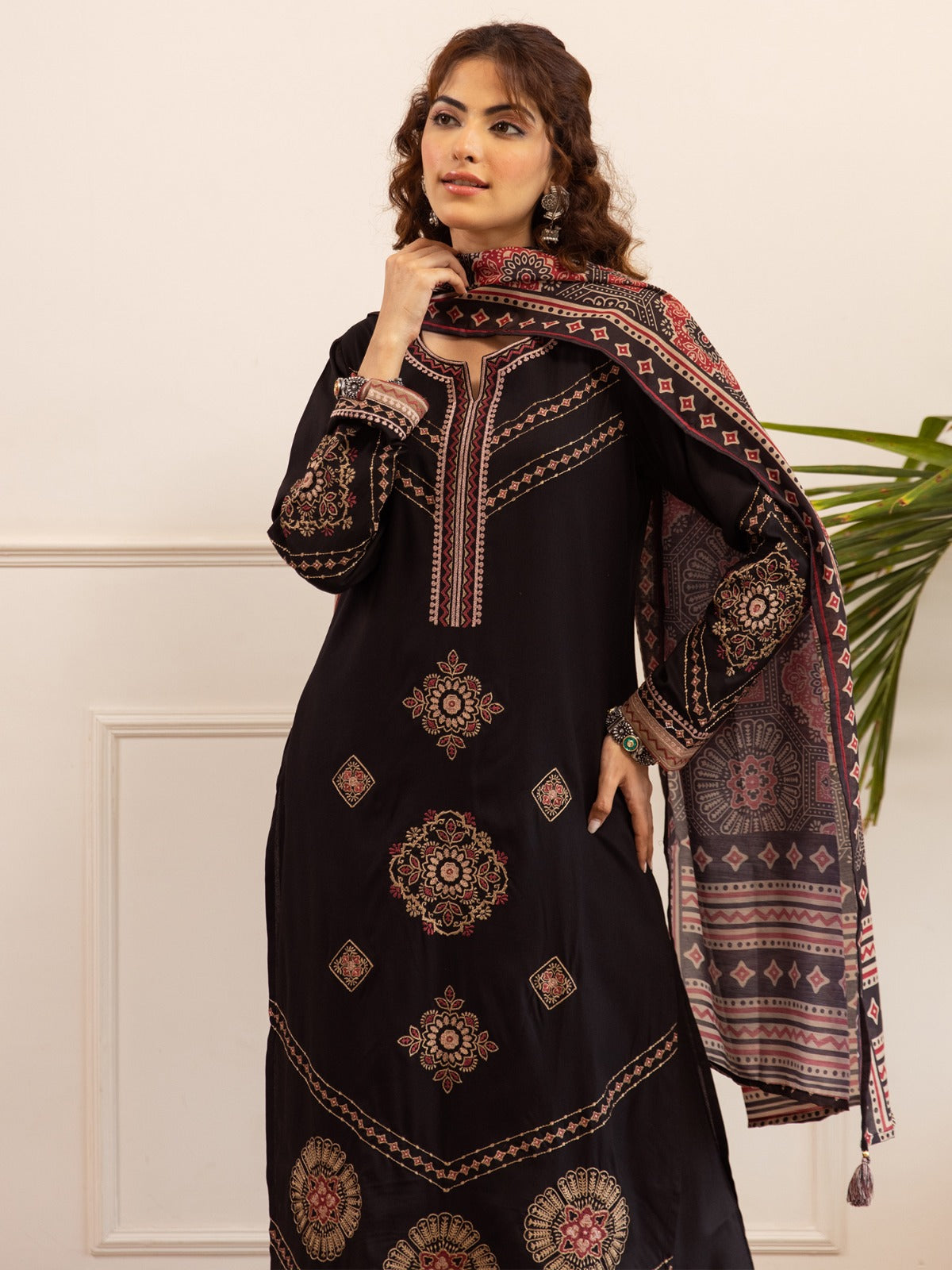 Black Embroidered Viscose Rayon Straight Kurta Palazzos With Dupatta
