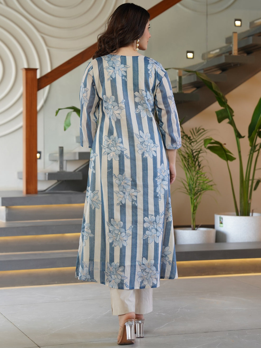 Blue Printed A-Line Kurta Trousers Set