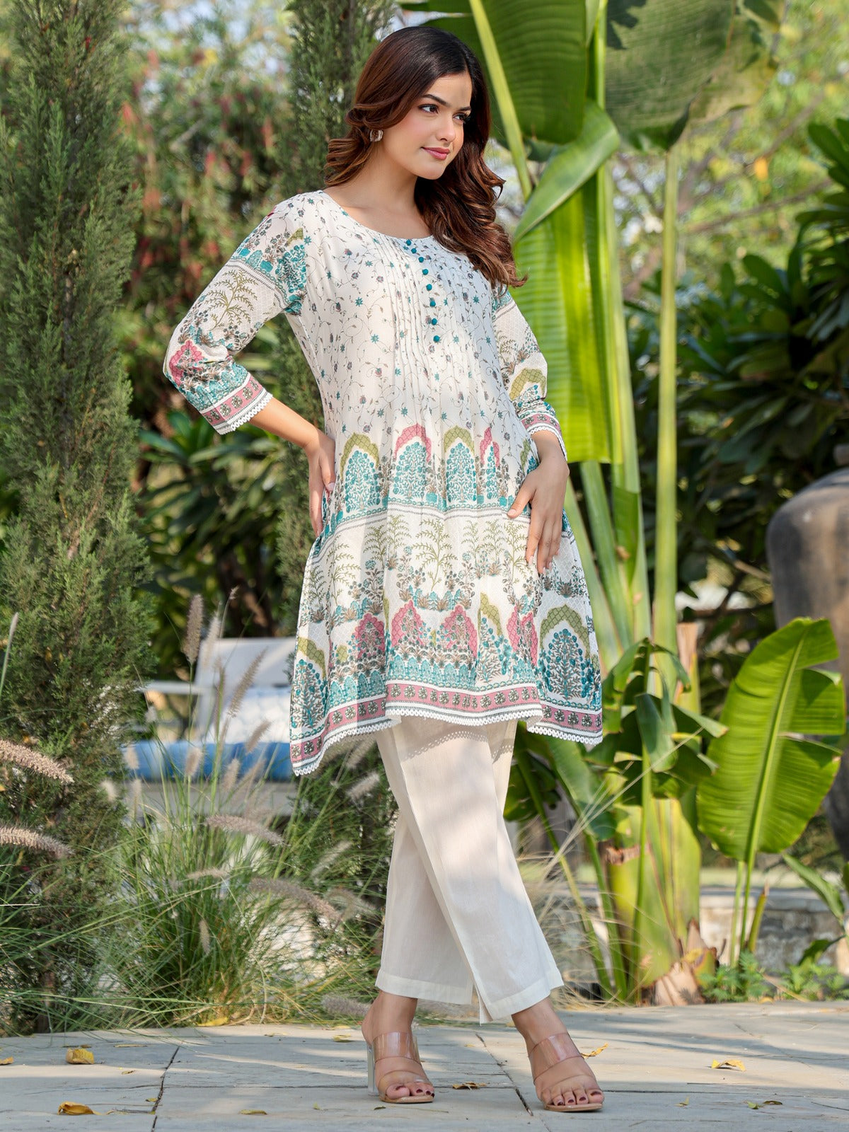 White Printed A-Line Pure Cotton kurta pant set