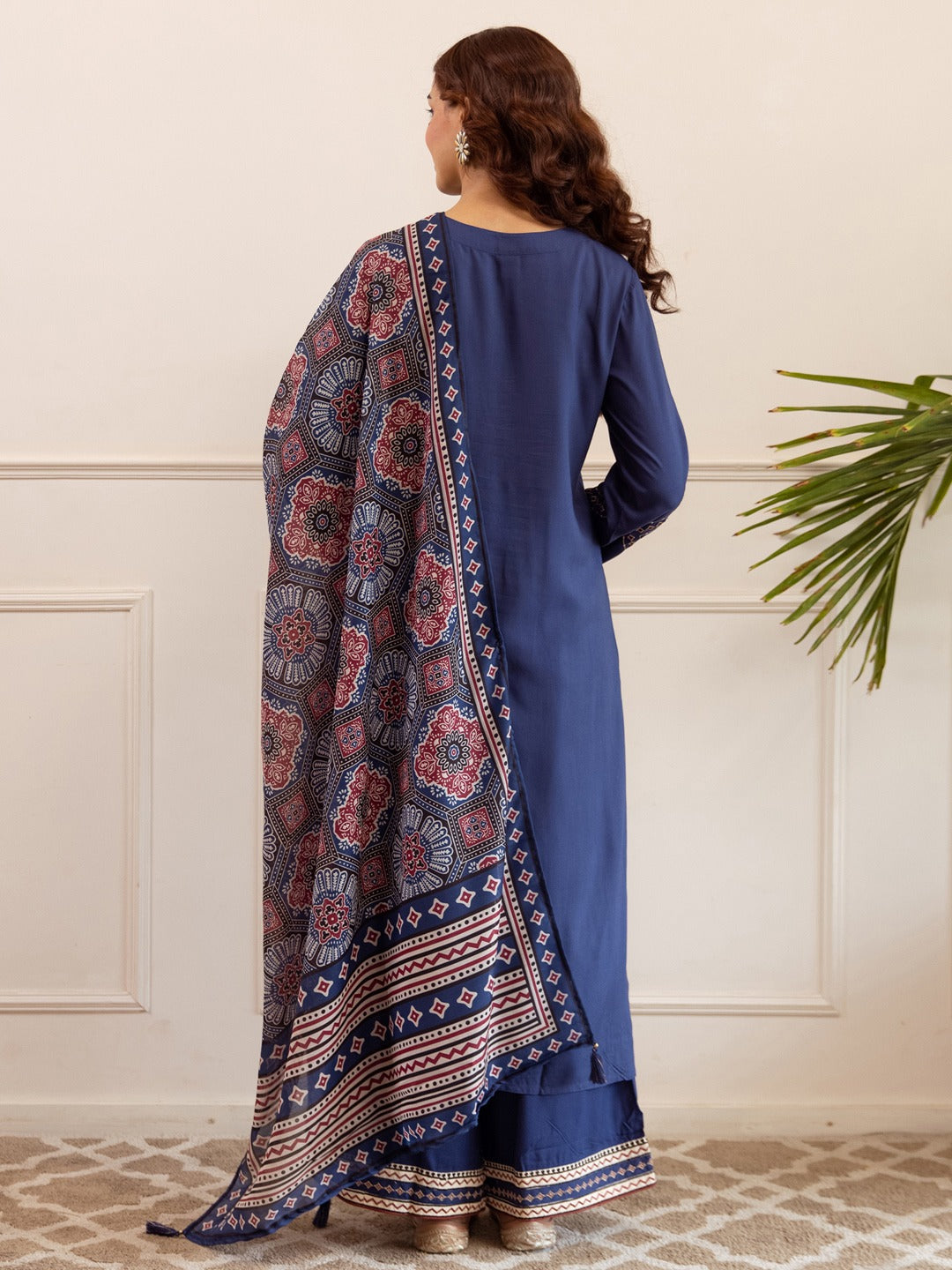 Blue Embroidered Viscose Rayon Straight Kurta Palazzos With Dupatta