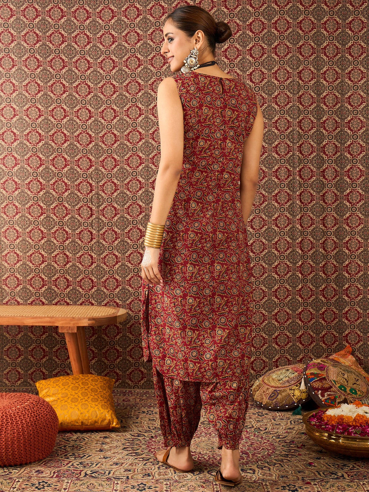 Maroon Printed Pure Cotton Straight Kurta Salwar Set