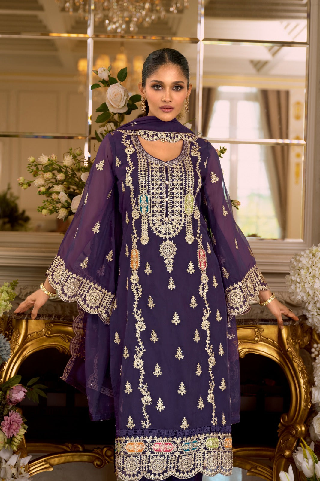 Purple Embroidered Organza Straight Kurta Sets With Dupatta