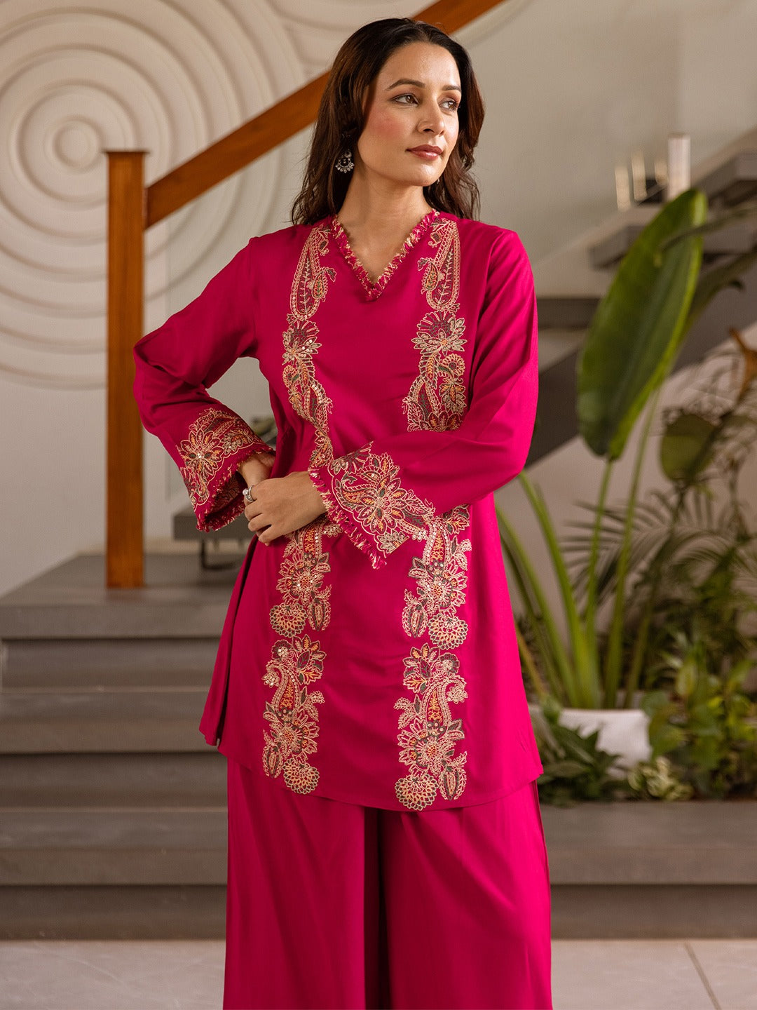Pink Embroidered Viscose Rayon Straight Kurta Palazzo Set