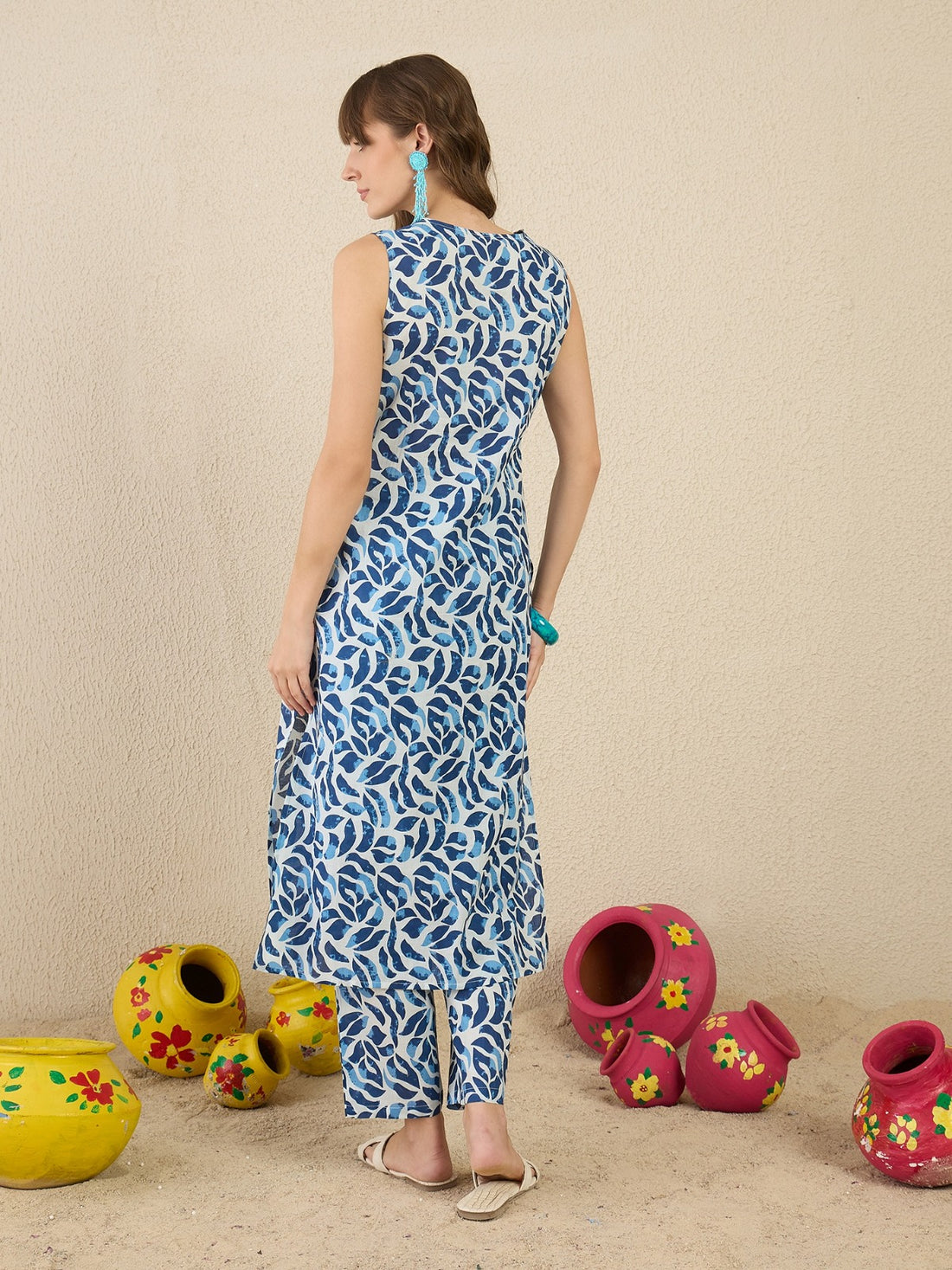 Blue Printed Straight Kurta Trouser Set