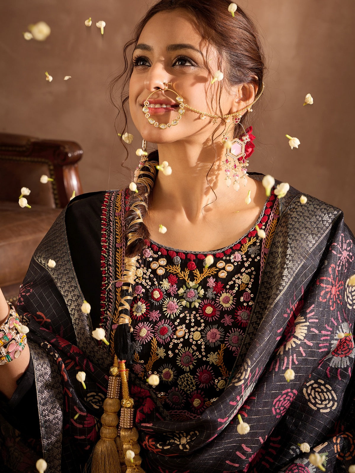 Black Embroidered Straight Kurta Trousers With Dupatta Set