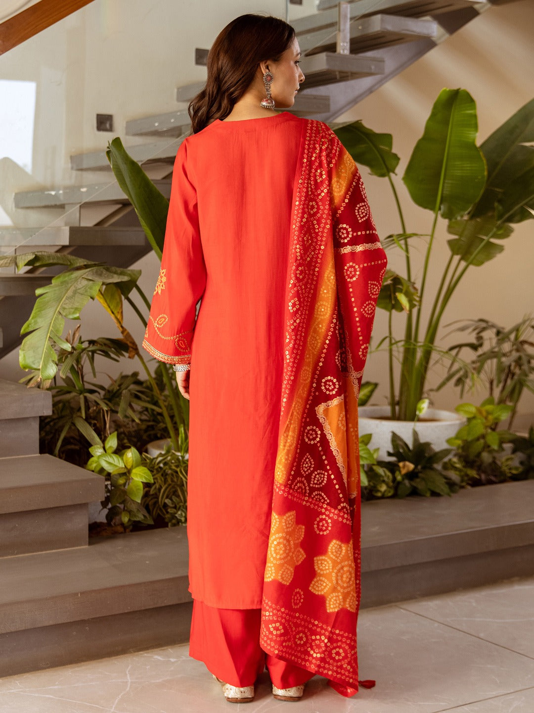 Red Embroidered Silk Blend Straight Kurta Palazzos With Dupatta