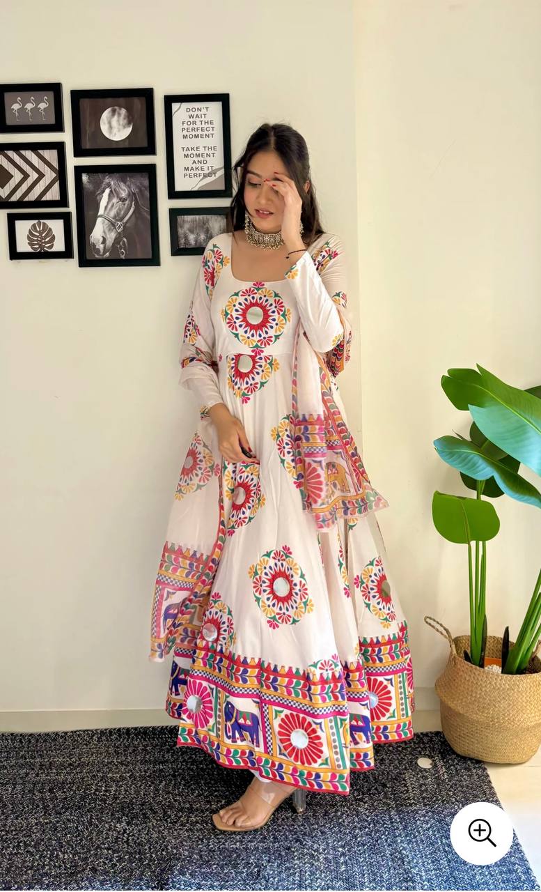 Pure Moss Satin Silk With Digital Print With (Hand Work/Mirror Work) With Sleeves