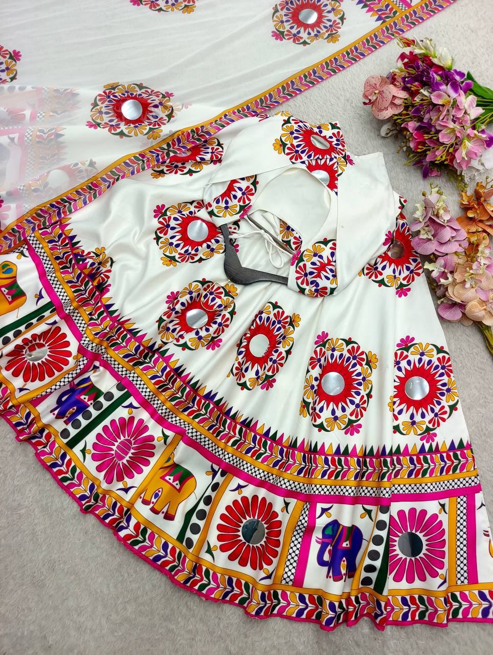 Pure Moss Satin Silk With Digital Print With (Hand Work/Mirror Work) With Sleeves