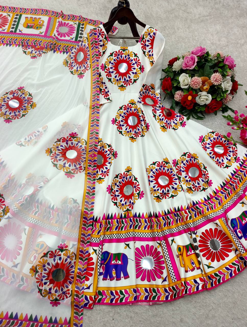 Pure Moss Satin Silk With Digital Print With (Hand Work/Mirror Work) With Sleeves