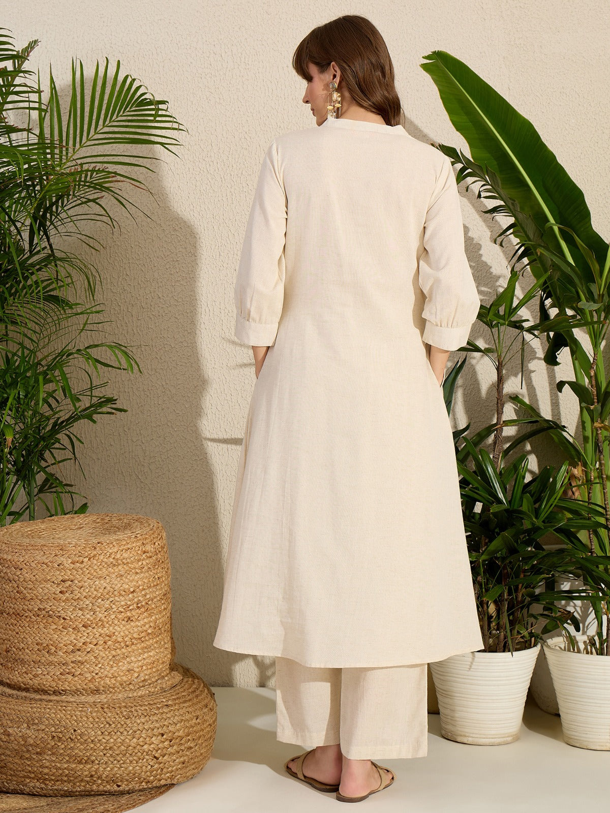 Off White Embroidered Pure Cotton A-Line Kurta Trouser Set