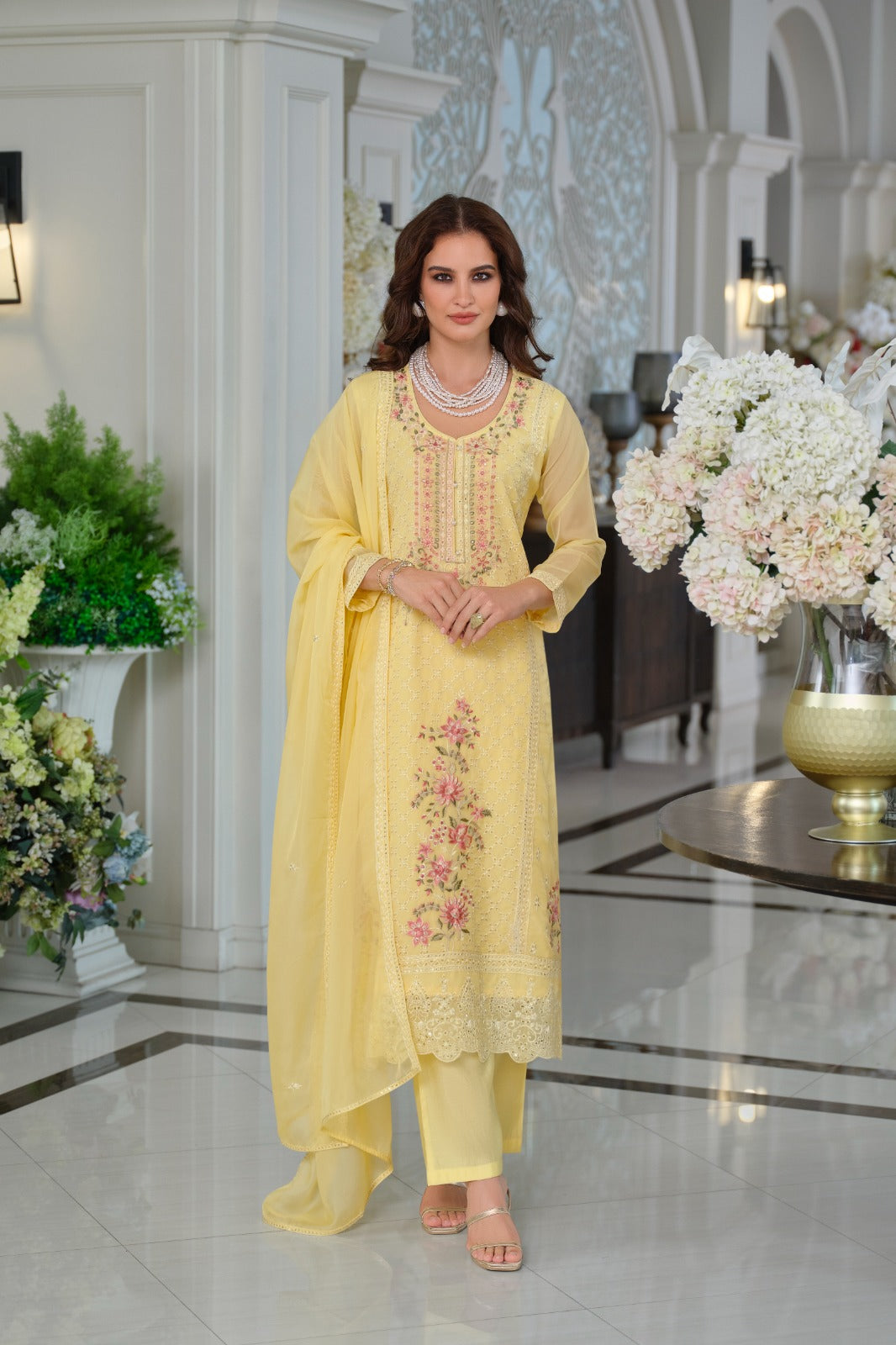 Yellow Embroidered Organza Straight Kurta Sets With Dupatta
