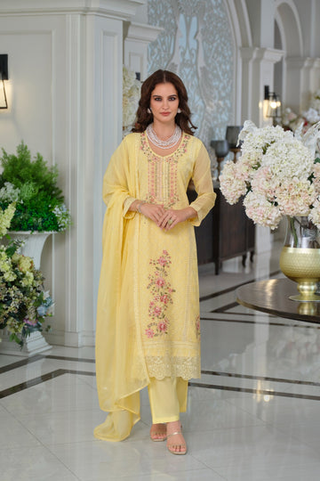 Yellow Embroidered Organza Straight Kurta Sets With Dupatta