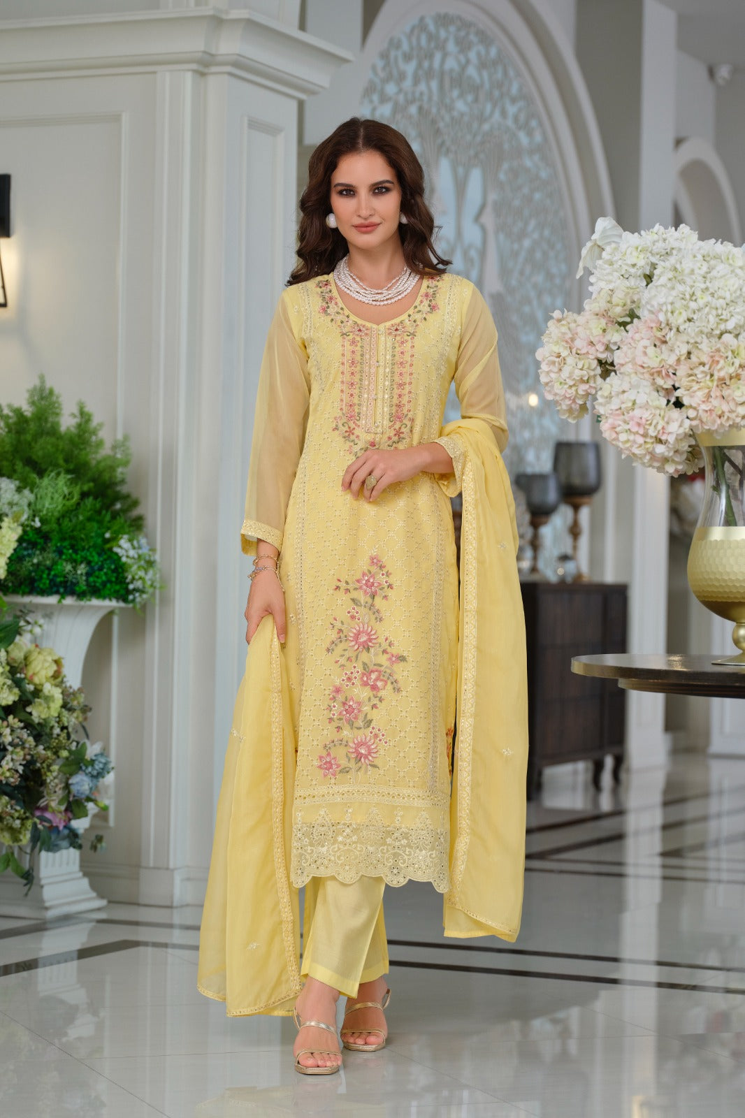 Yellow Embroidered Organza Straight Kurta Sets With Dupatta