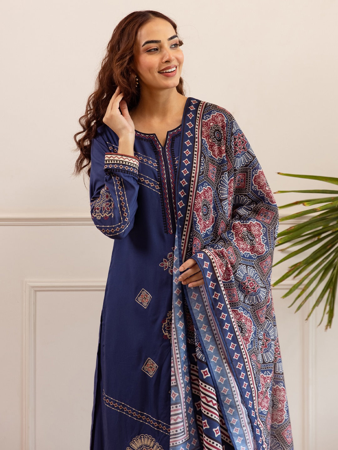 Blue Embroidered Viscose Rayon Straight Kurta Palazzos With Dupatta