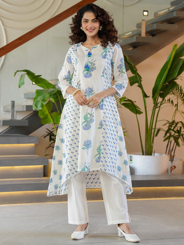 White Printed A-Line Kurta Trousers Set